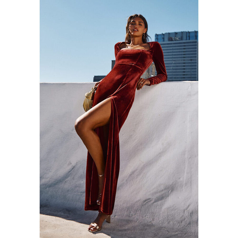 Lulus Lovely And Luminous Rust Velvet Long Sleeve Column Maxi Dress